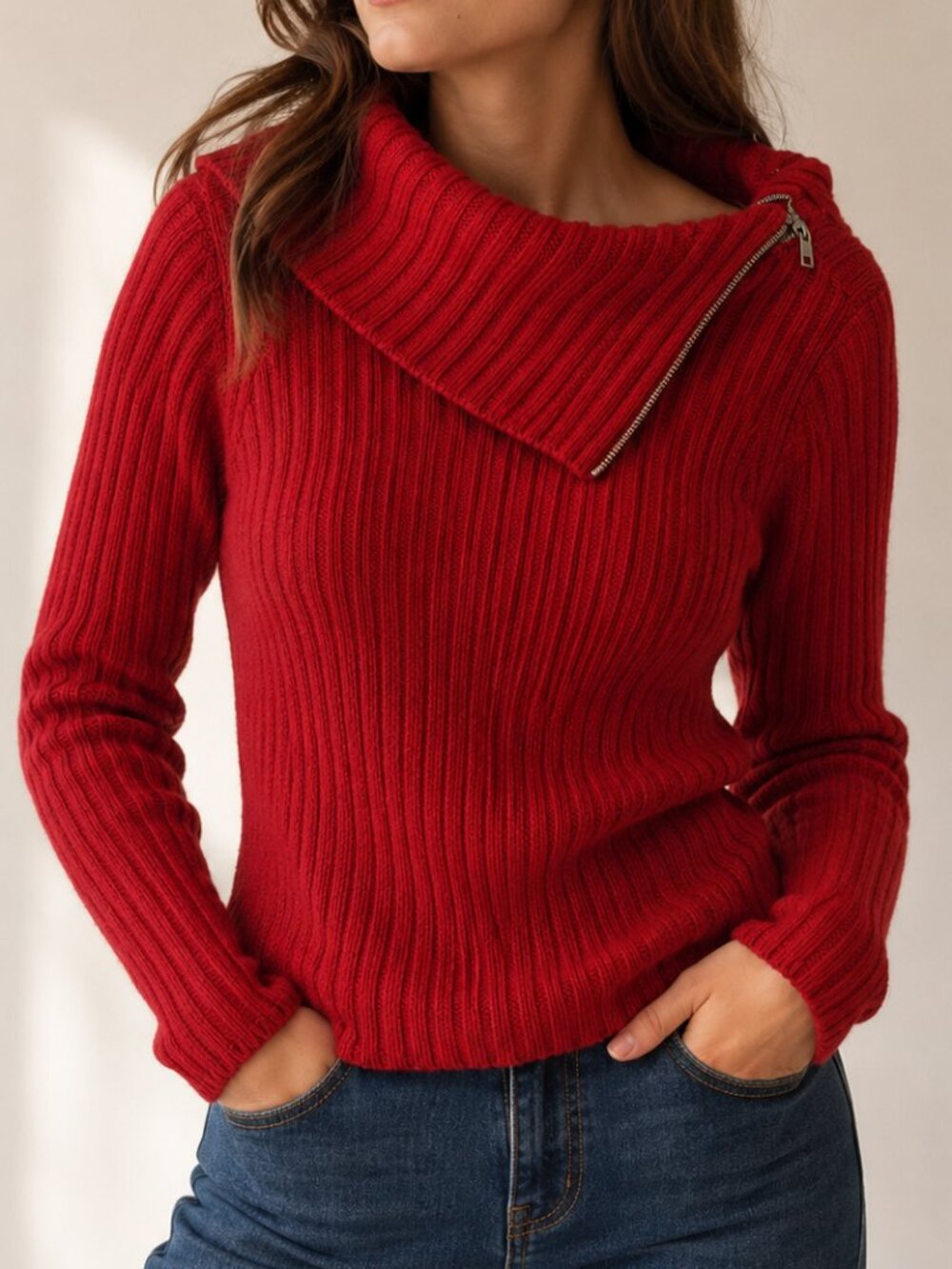 Vintage Jacob Asymmetric Ribbed Cowl Neck Long Sleeve Knit Sweater Red Size XL